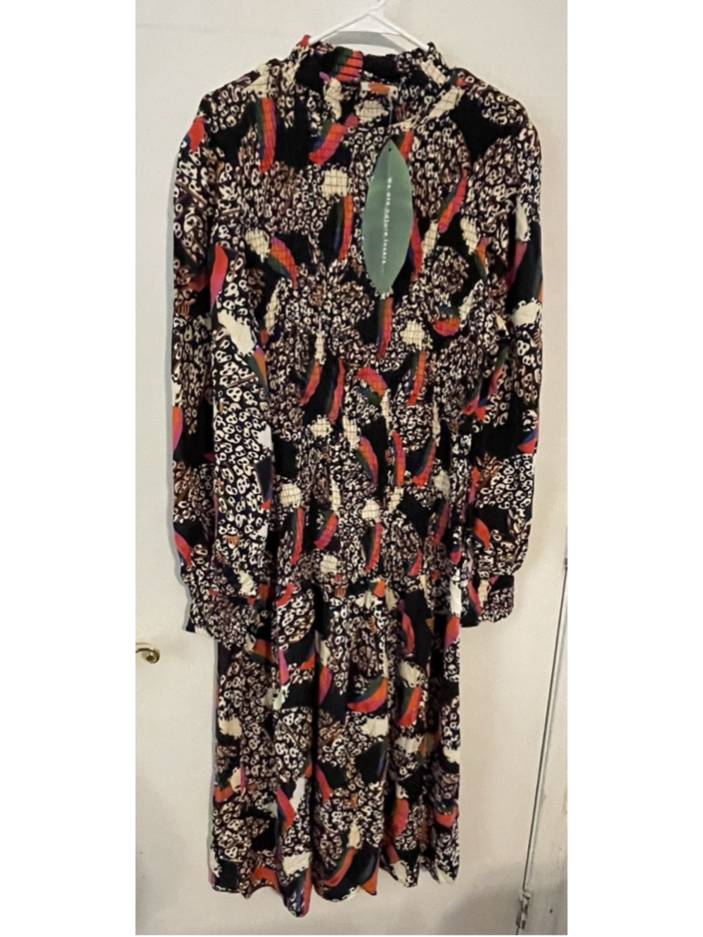 FARM Rio Multicolor Animal Print Smocked Knee Dress L Balloon Sleeve High Neck - Picture 5 of 12